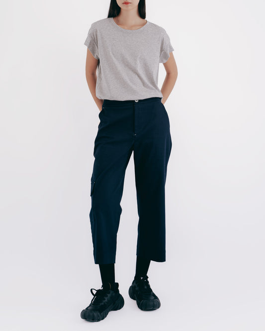 Dark blue twill cargo straight-leg pants with patch pockets