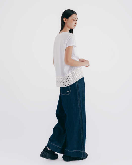 Jacquard Hem Paneled Knit Top (White) 