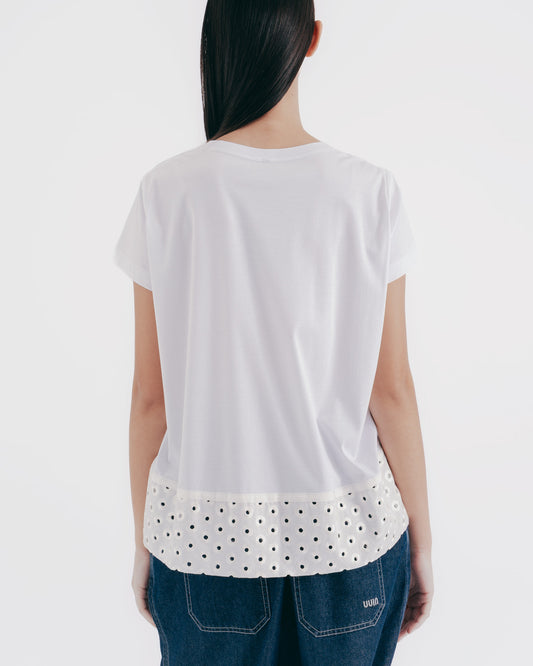 Jacquard Hem Paneled Knit Top (White) 