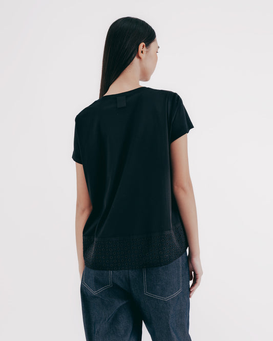 Jacquard Hem Paneled Knit Top (Black) 