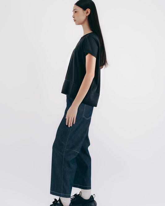 Jacquard Hem Paneled Knit Top (Black) 
