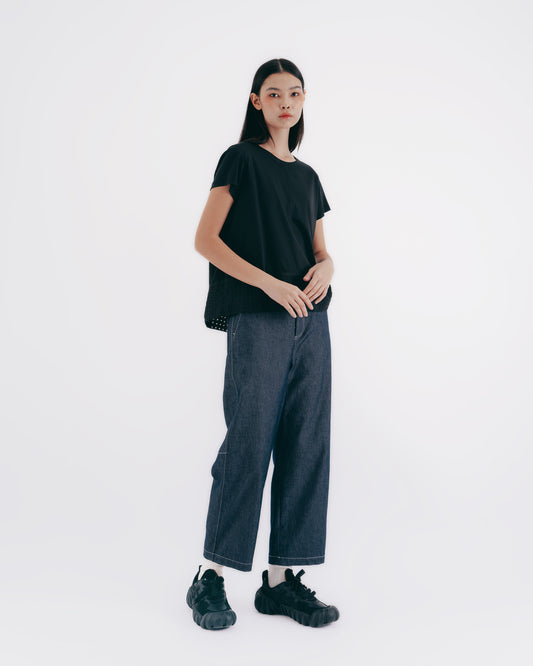 Jacquard Hem Paneled Knit Top (Black) 