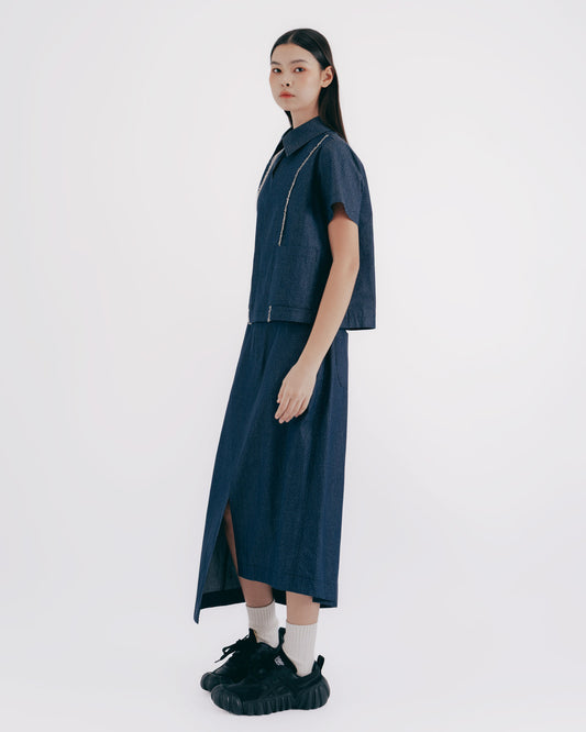 Raindrop jacquard asymmetrical midi skirt