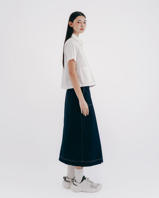 A-line midi skirt with exposed stitching (dark blue)