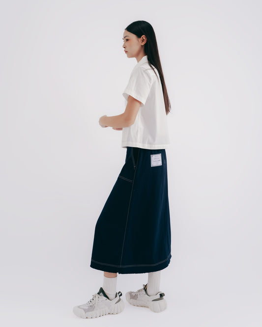 A-line midi skirt with exposed stitching (dark blue)