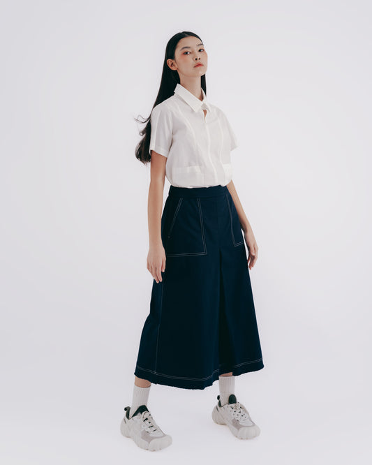 A-line midi skirt with exposed stitching (dark blue)