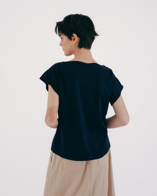 Boat Neck Small Sleeve Knit Top (Dark Blue)