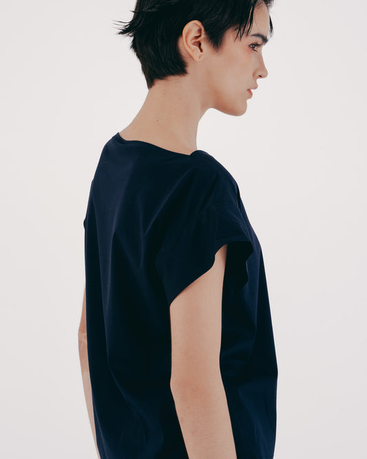 Boat Neck Small Sleeve Knit Top (Dark Blue)