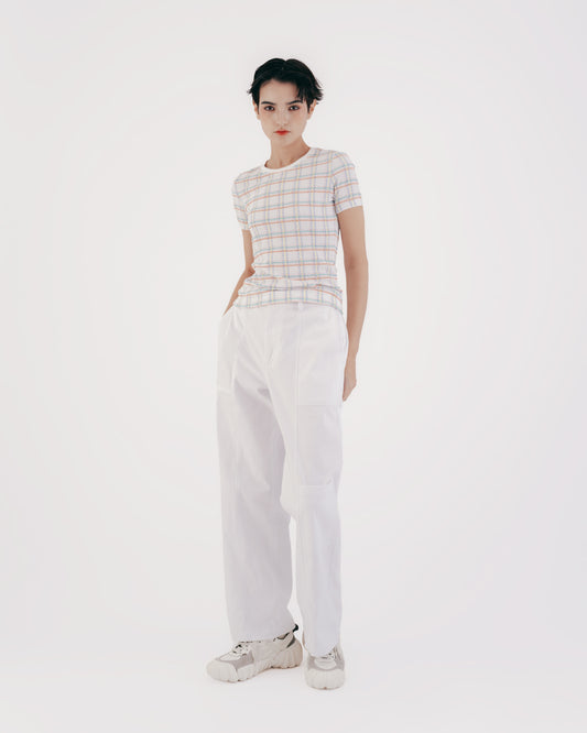 Check bubble weave fitted short-sleeved top 