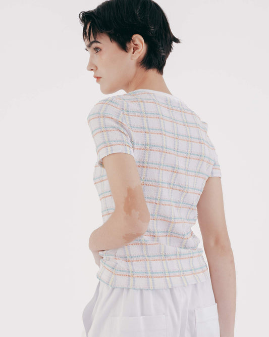 Check bubble weave fitted short-sleeved top 