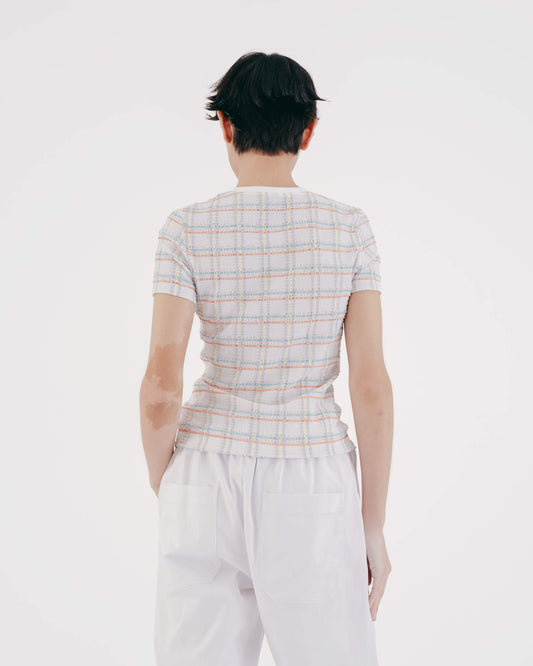 Check bubble weave fitted short-sleeved top 