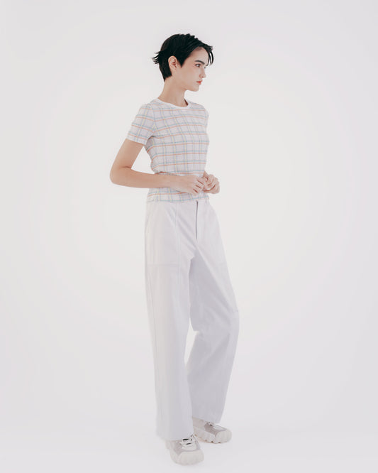 Check bubble weave fitted short-sleeved top 