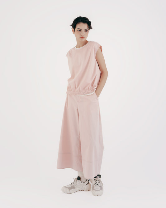 Light pink elastic hem round neck top 