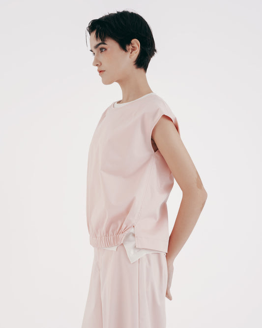 Light pink elastic hem round neck top 