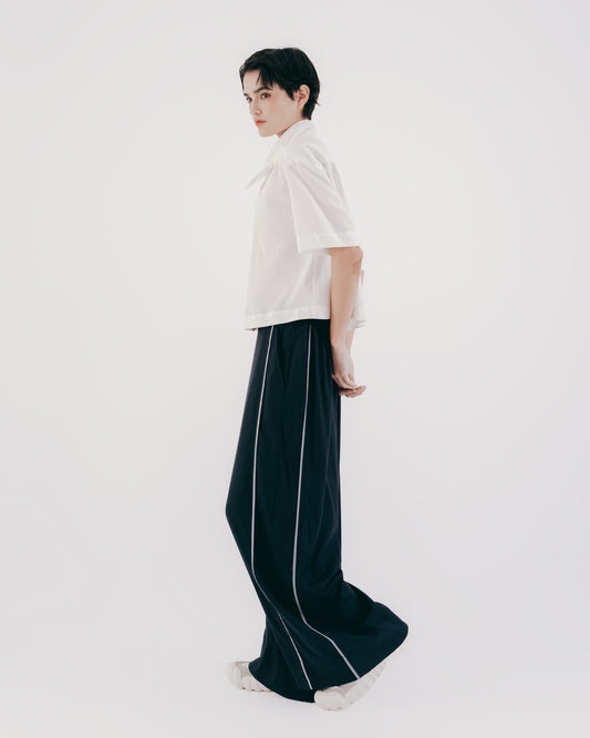 Draped contrast trim floor-length wide pants 