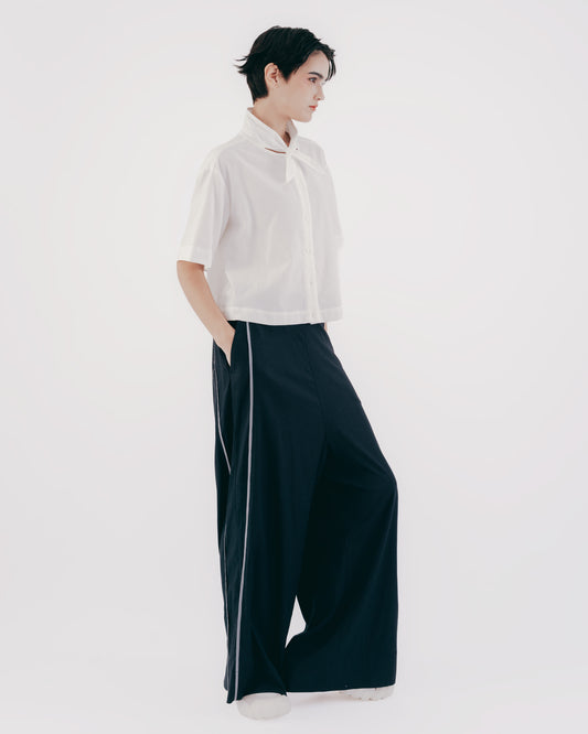 Draped contrast trim floor-length wide pants 