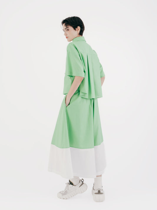 Diamond Pattern Contrast Color Patchwork Folding Skirt (Green)