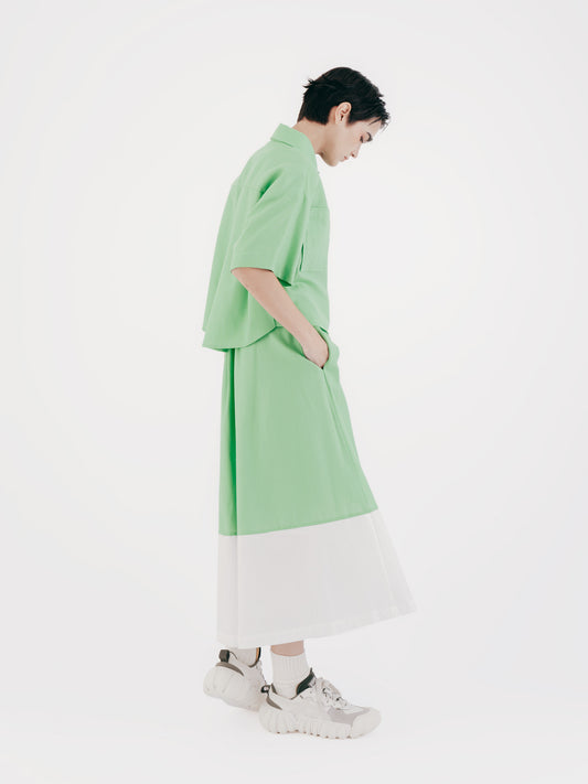 Diamond Pattern Contrast Color Patchwork Folding Skirt (Green)