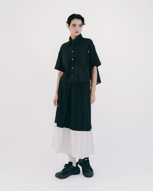 Diamond-patterned square-structured short shirt (black)