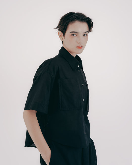 菱格織紋方型結構短襯衫(黑色)