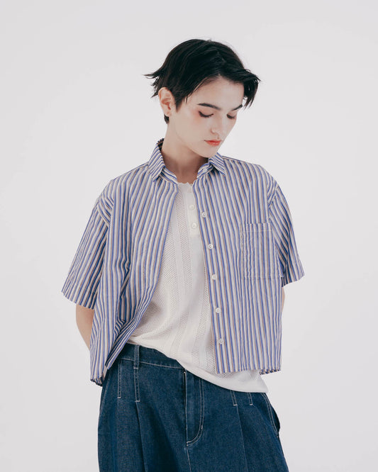 真絲條紋暗襟短襯衫(藍色)