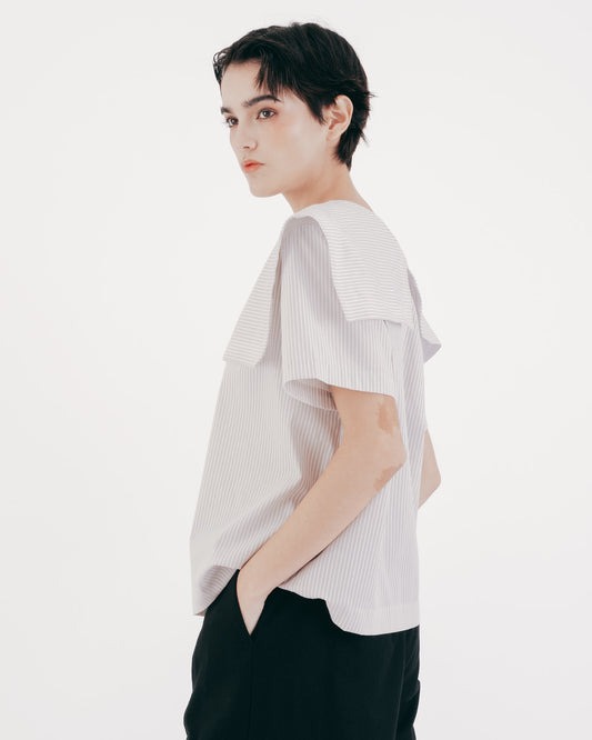 Sailor Collar Striped Short Sleeve Top (Gray) 