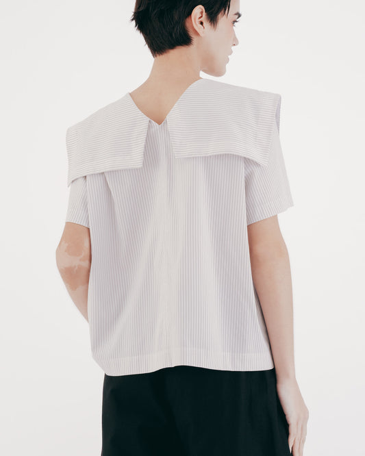 Sailor Collar Striped Short Sleeve Top (Gray) 