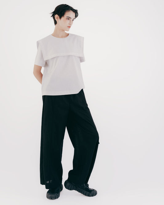 Sailor Collar Striped Short Sleeve Top (Gray) 