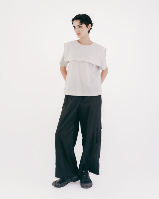 Sailor Collar Striped Short Sleeve Top (Gray) 