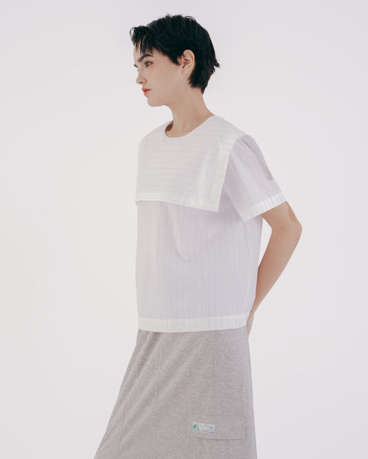 Sailor Collar Striped Short Sleeve Top (White) 