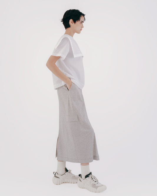 Sailor Collar Striped Short Sleeve Top (White) 