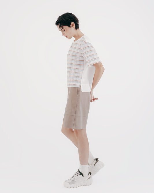 Plaid bubble-panel short-sleeved top