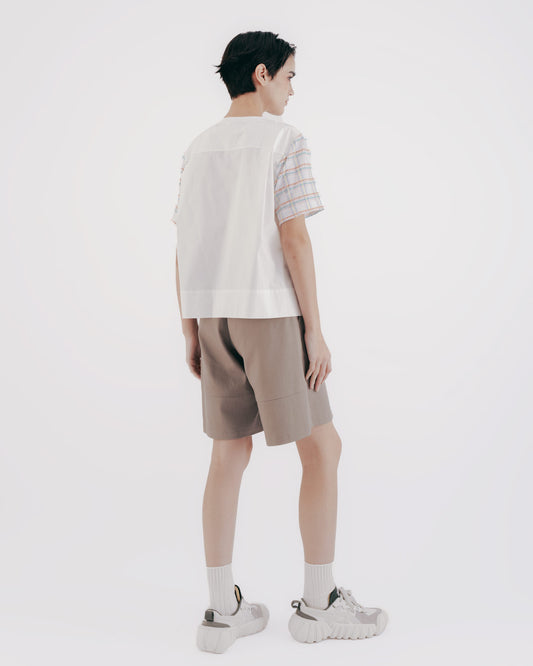 Plaid bubble-panel short-sleeved top