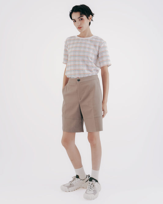Hot-stitched twill shorts (gray-brown) 