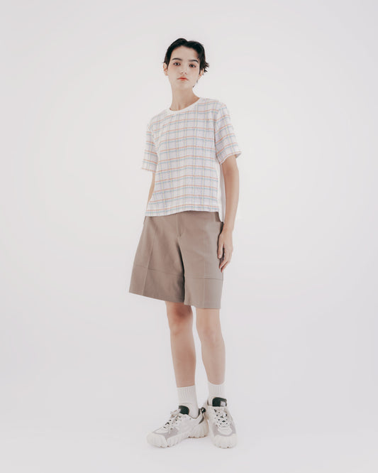 Plaid bubble-panel short-sleeved top