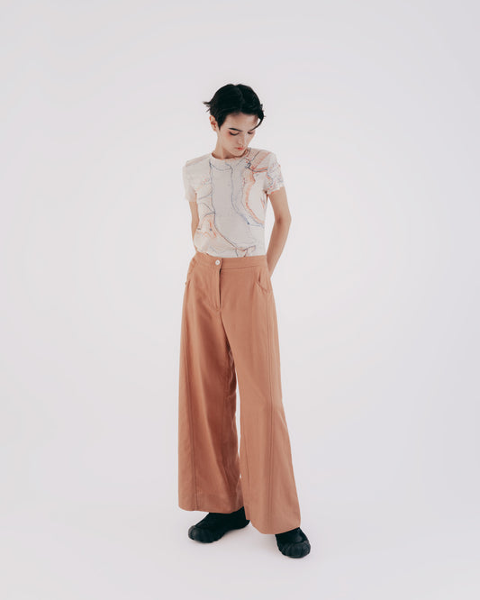 Tangent Design A-Line Floor-Length Wide Pants (Orange Brown) 