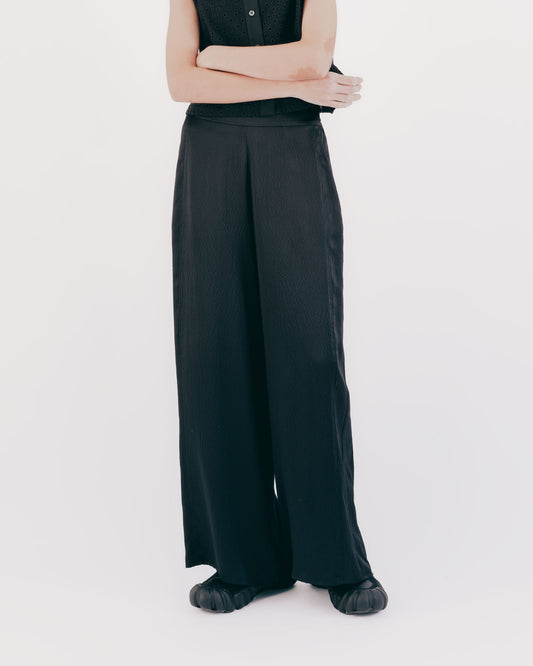Bubble-weave silk floor-length wide pants 