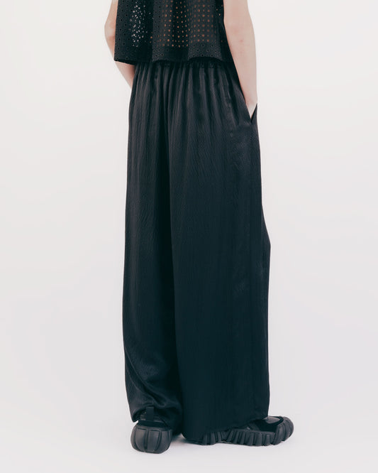 Bubble-weave silk floor-length wide pants 