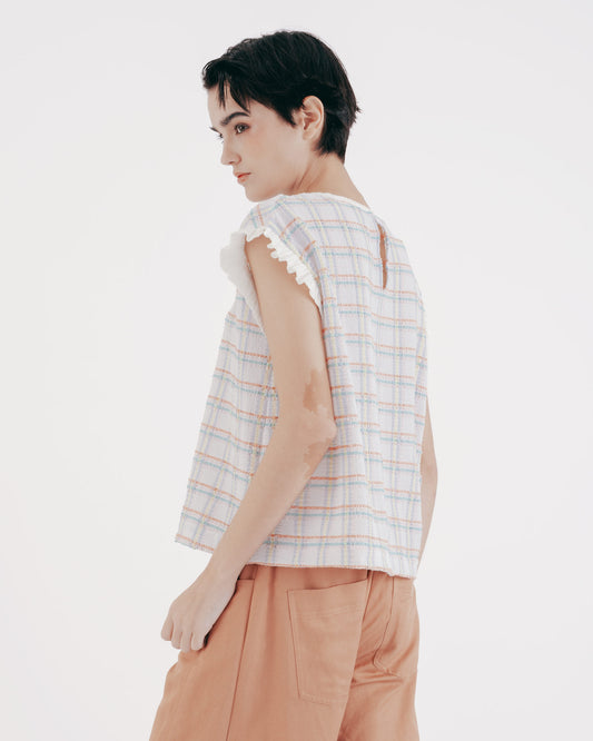 Check Bubble Tissue Ruffle Sleeve Crew Neck Top 