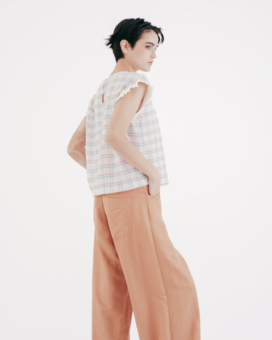 Check Bubble Tissue Ruffle Sleeve Crew Neck Top 