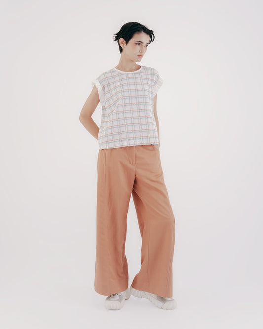 Check Bubble Tissue Ruffle Sleeve Crew Neck Top 