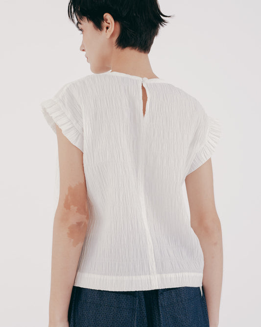 3D Pleated Ruffle Sleeve Round Neck Top (White) 