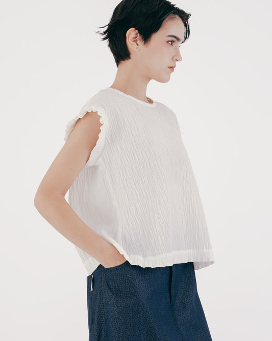 3D Pleated Ruffle Sleeve Round Neck Top (White) 