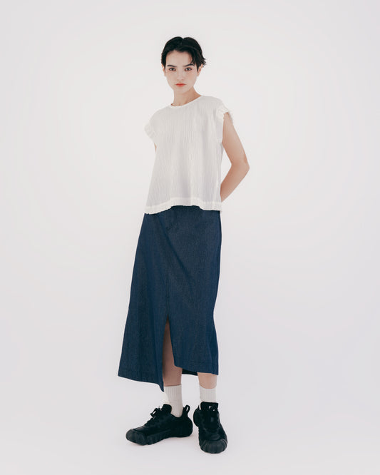 3D Pleated Ruffle Sleeve Round Neck Top (White) 