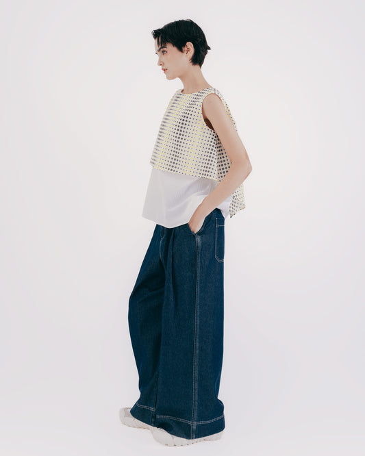 Mock Two-Piece Layered Polka Dot Sleeveless Top 