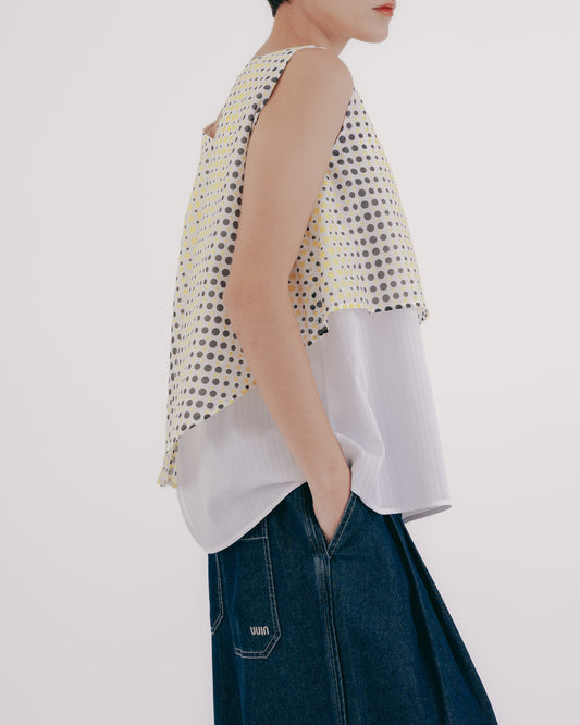 Mock Two-Piece Layered Polka Dot Sleeveless Top 