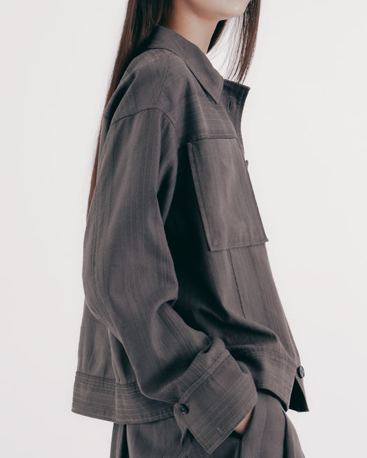 Grey Striped Double-Pocket Work Jacket 