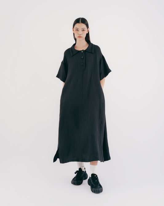 Black and gray linen drop shoulder loose short-sleeved dress 