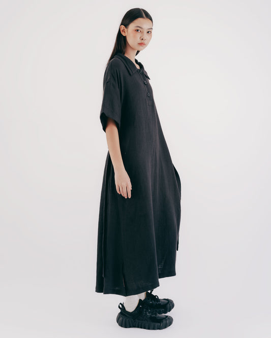Black and gray linen drop shoulder loose short-sleeved dress 