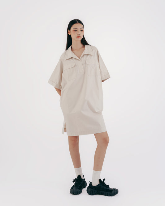 工裝感雙口袋半開襟洋裝(卡其)
